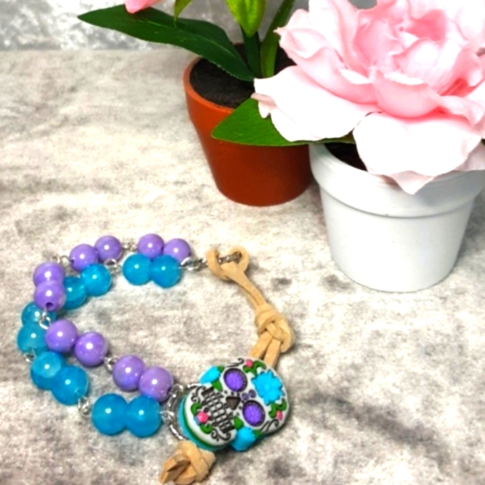 Handmade Sugar Skull Bracelet Lavander Turquoise 7.5" Long